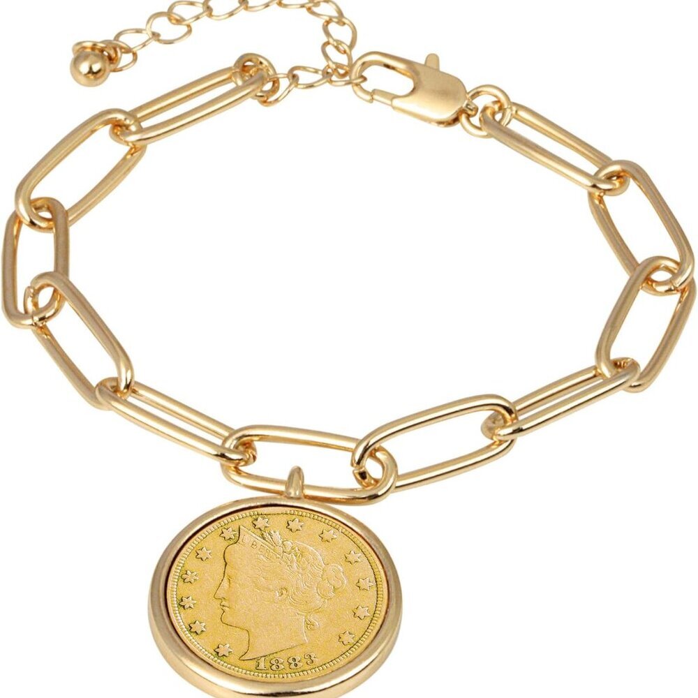 Liberty Nickel Gold-Layered Coin Elongated Link Bracelet | Goldtone Clip Style |